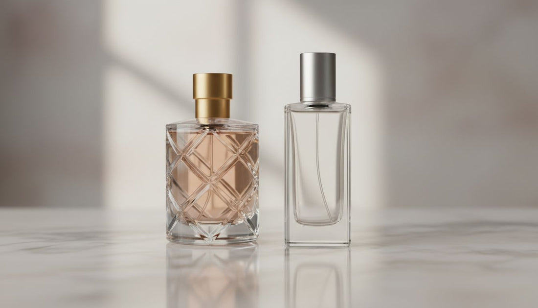 Twee stijlvolle parfumflesjes zij aan zij