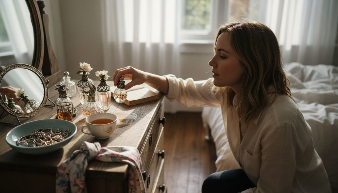 Woman choosing niche perfume from vintage dresser