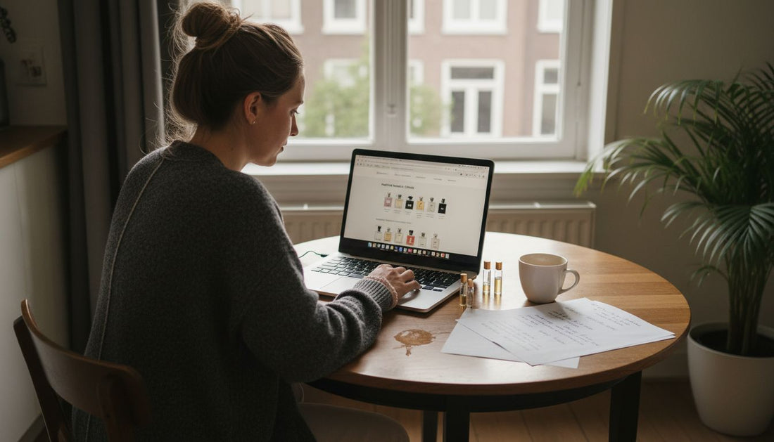 Een vrouw zit aan de keukentafel en bekijkt rustig verschillende parfums.
