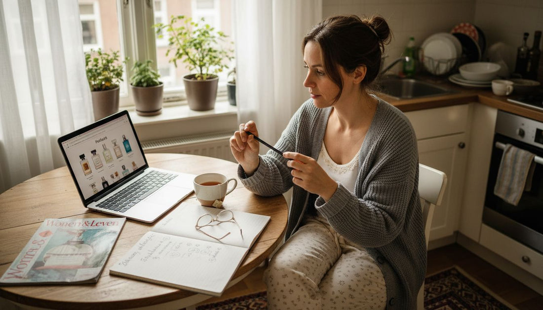 Een vrouw zit thuis op haar gemak door verschillende parfum abonnementen te bladeren om de perfecte geur uit te kiezen.