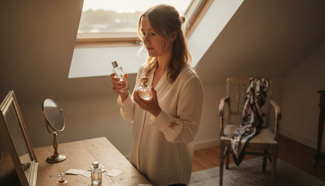 Een vrouw staat bij haar kaptafel en kiest zorgvuldig een geur uit die past bij haar stemming van de dag.