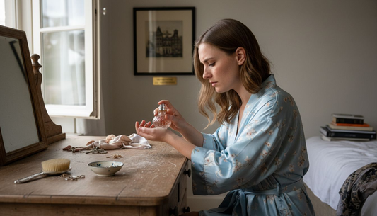 Een vrouw brengt parfum aan terwijl ze voor haar rommelige kaptafel staat.