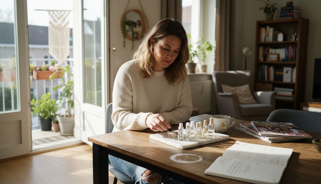Een vrouw bekijkt verschillende parfumstaaltjes terwijl de zon naar binnen schijnt.