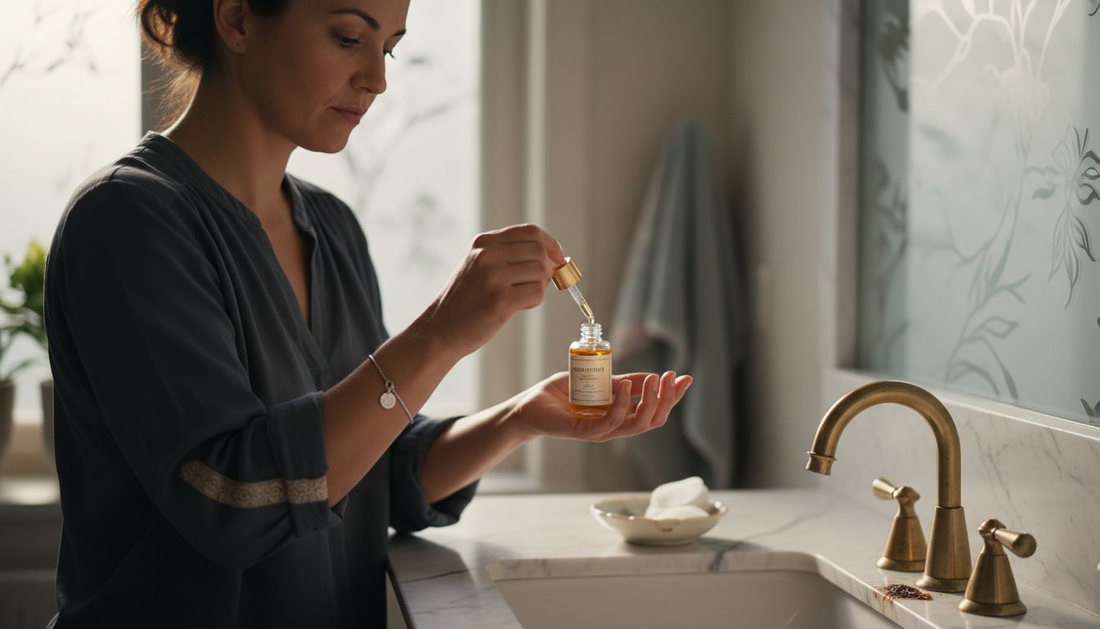 Een vrouw brengt een geurende olie aan terwijl ze voor haar kaptafel zit.