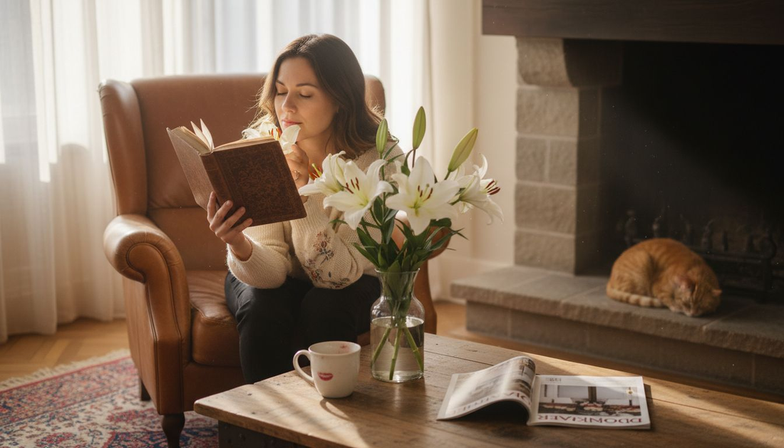Een vrouw geniet van de geur van lelies in een zonnige woonkamer.
