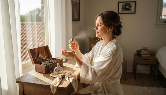 Een vrouw sprayt haar favoriete parfum op terwijl ze zich klaarmaakt aan haar zonovergoten kaptafel.