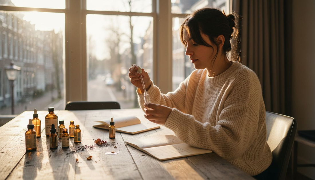 Een vrouw die zelf parfum samenstelt aan een sfeervolle, houten tafel.