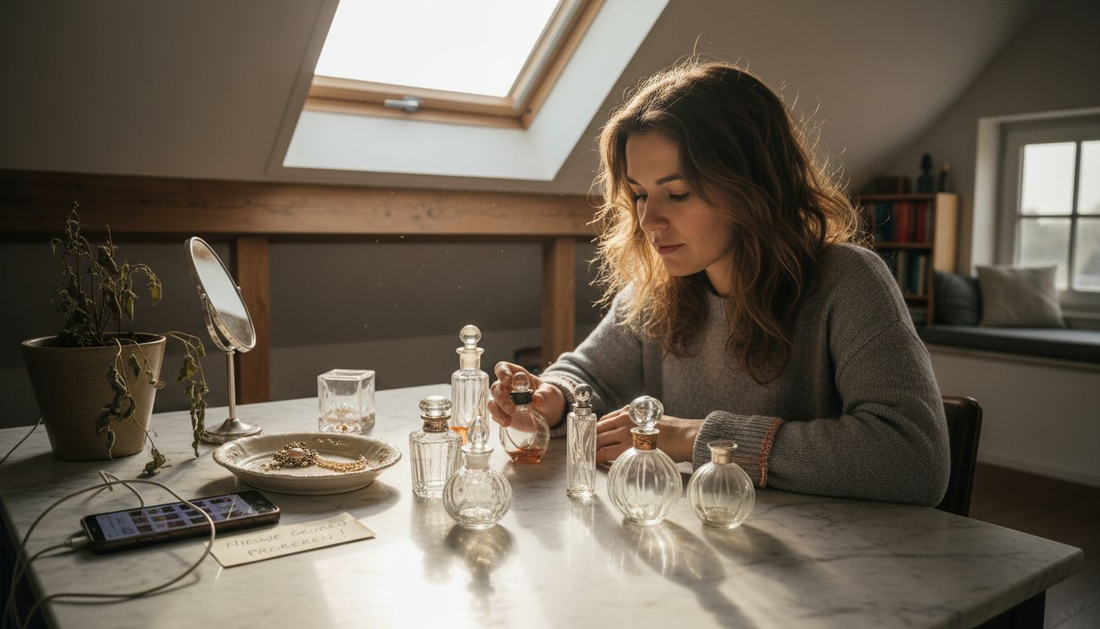 Een vrouw staat voor haar kaptafel en twijfelt tussen verschillende flesjes parfum.
