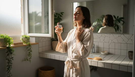 Een vrouw brengt haar favoriete duurzame parfum aan in de badkamer.