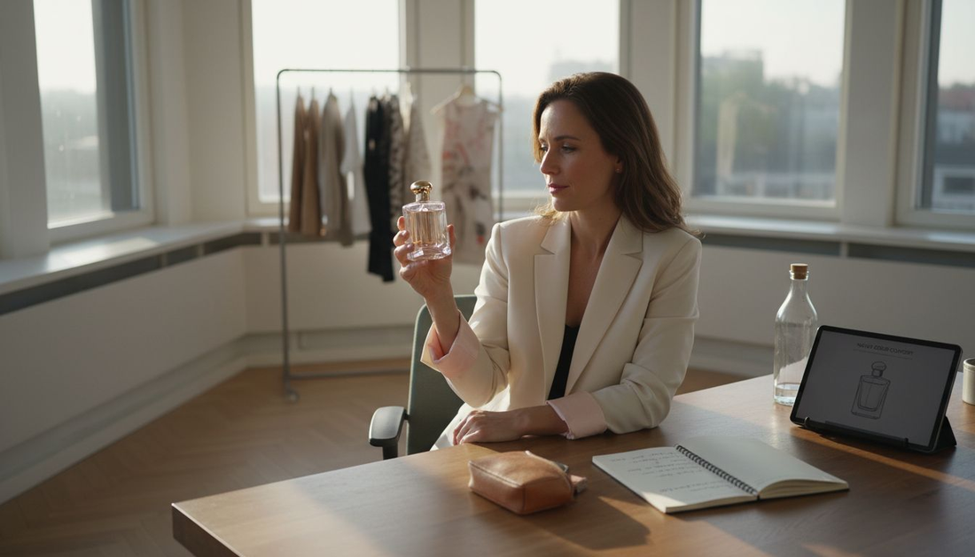 Een manager bekijkt kritisch een luxe parfumfles op zijn houten bureau.