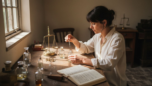 Een parfumeur mengt zorgvuldig verschillende oliën op een houten werktafel, op zoek naar de perfecte geurcombinatie.