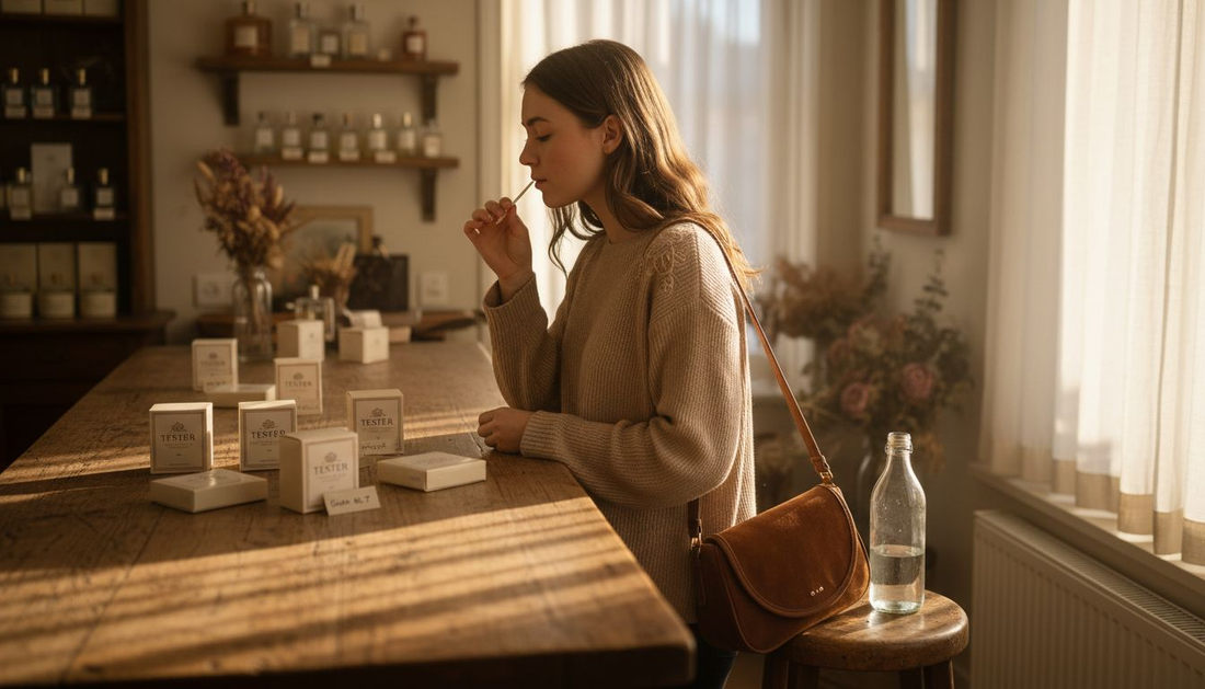 Een jonge vrouw probeert een nieuw geurtje uit in de parfumerie.
