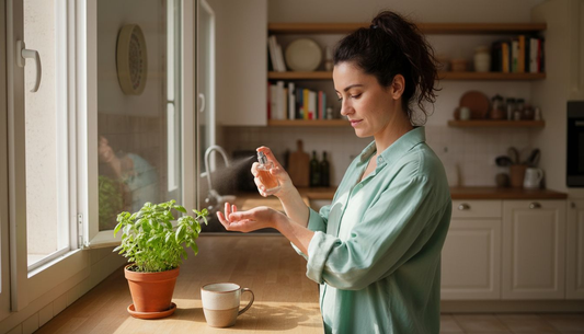 In een zonovergoten keuken sprayt een vrouw haar favoriete parfum op.