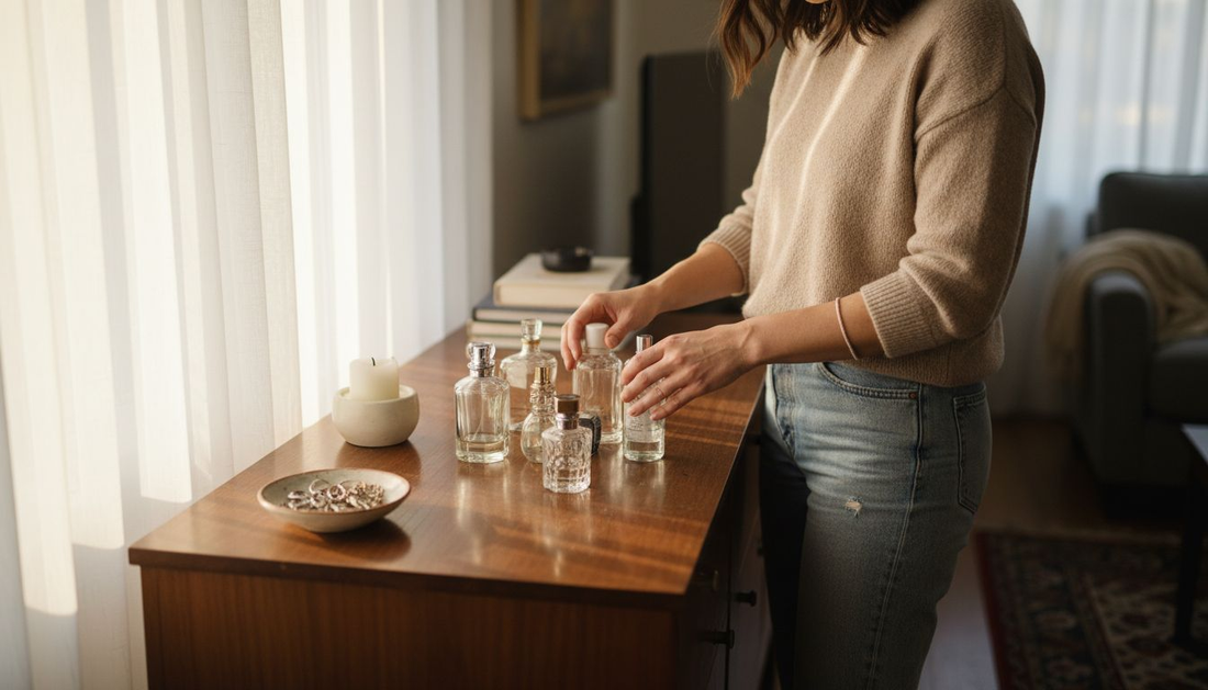 Een vrouw is thuis bezig haar collectie van zeven parfumflesjes mooi neer te zetten.