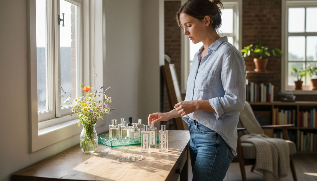 Bij haar kaptafel twijfelt ze even, maar kiest uiteindelijk bewust voor een duurzaam parfum.