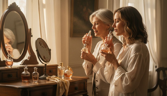 Aan de kaptafel kiezen vrouwen zorgvuldig een geurtje uit door verschillende parfums te besnuffelen.