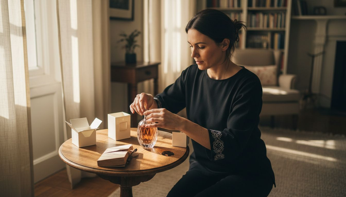 Terwijl de eerste zonnestralen door het raam vallen, maakt een vrouw haar favoriete parfumflesje open.