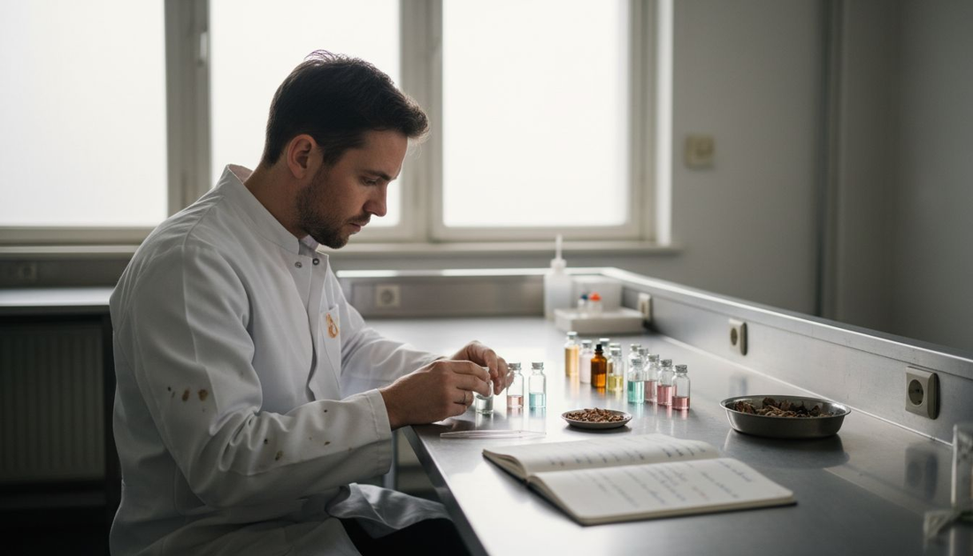 Een laborant is druk bezig met het ontwikkelen van nieuwe geurcombinaties.