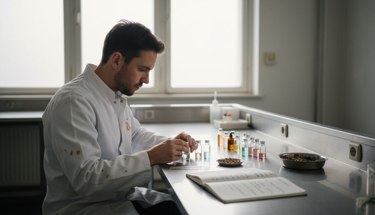 Een laborant is druk bezig met het ontwikkelen van nieuwe geurcombinaties.