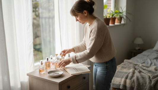 Een vrouw rangschikt haar parfumflesjes netjes op de kaptafel.