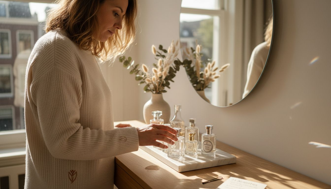 Een vrouw pakt een klein flesje parfum van haar make-uptafel.