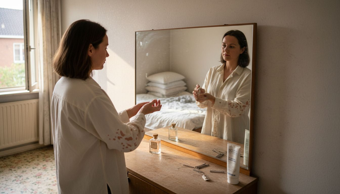 In een lichte, zonnige slaapkamer sprayt een vrouw haar favoriete parfum op.