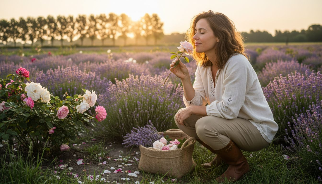 Een vrouw geniet van de geur van een roos terwijl ze door een kleurrijk bloemenveld wandelt.