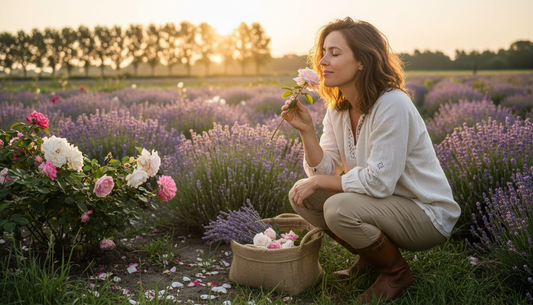 Een vrouw geniet van de geur van een roos terwijl ze door een kleurrijk bloemenveld wandelt.
