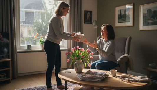 In een gezellige Nederlandse woonkamer overhandigt een vrouw een flesje parfum als cadeau.
