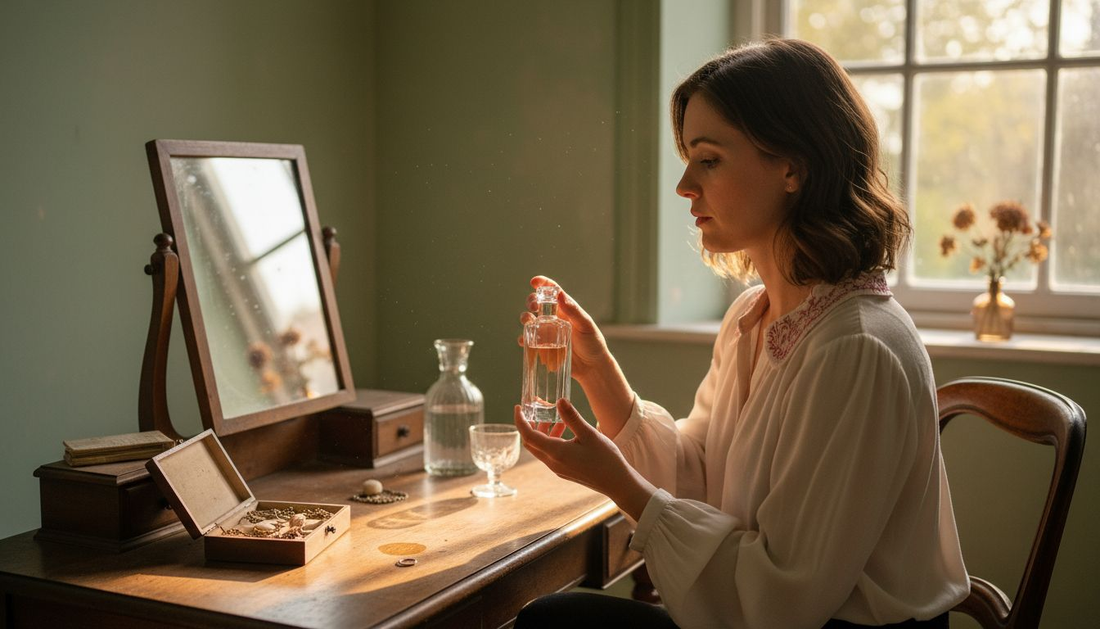 Een vrouw bekijkt aandachtig een flesje parfum op haar kaptafel.