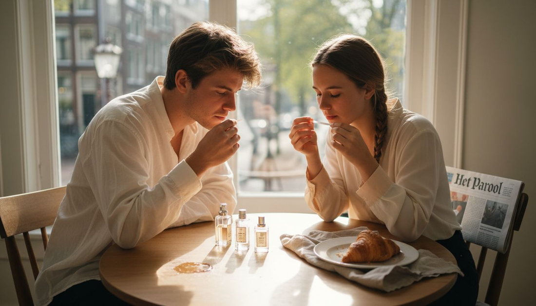 Een stel zit gezellig aan de keukentafel verschillende uniseks geuren uit te proberen.
