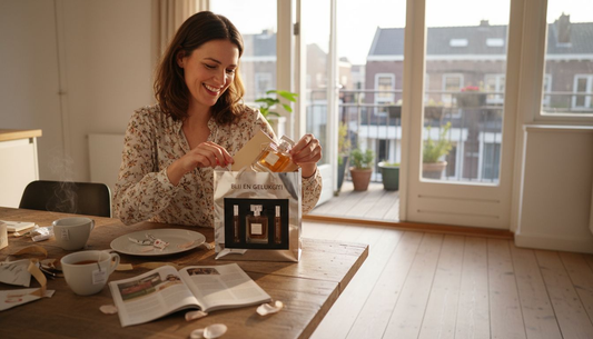 Aan de eettafel opent een vrouw een chique parfumcadeauset.