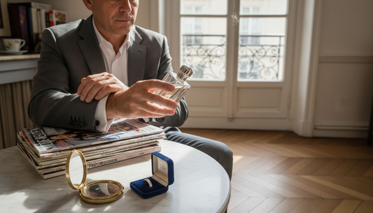 Een man bewondert een luxe parfumfles in een stijlvolle omgeving.
