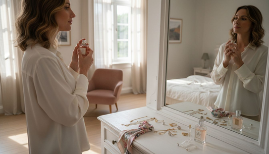 Een vrouw sprayt parfum op terwijl ze in de spiegel kijkt.