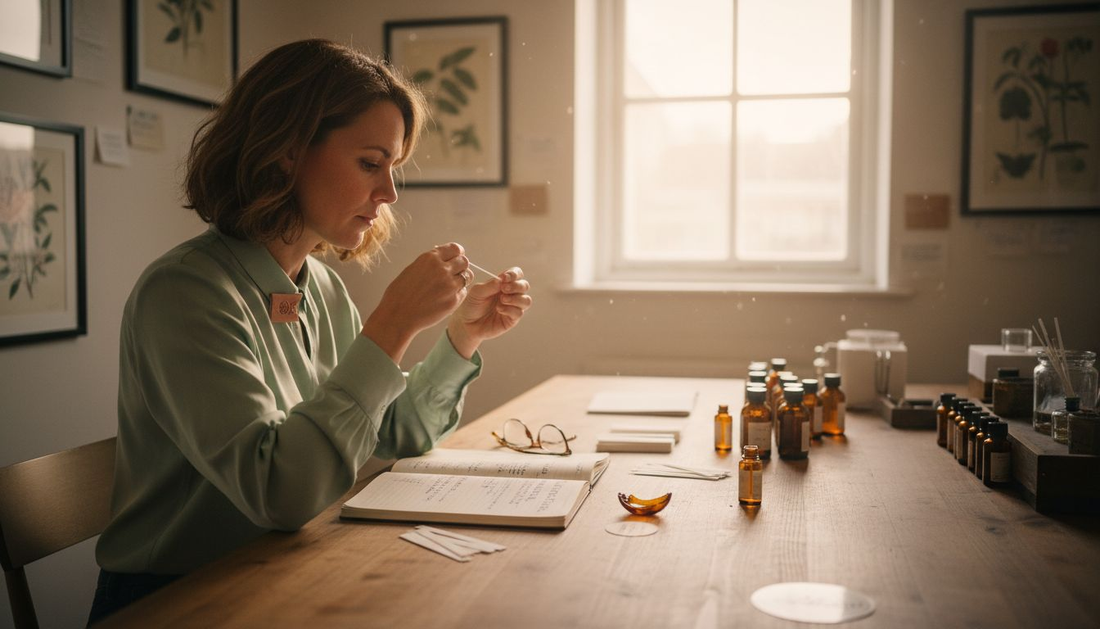 Een vrouwelijke parfumeur ruikt aandachtig aan geurstaafjes die verspreid liggen op haar werktafel.