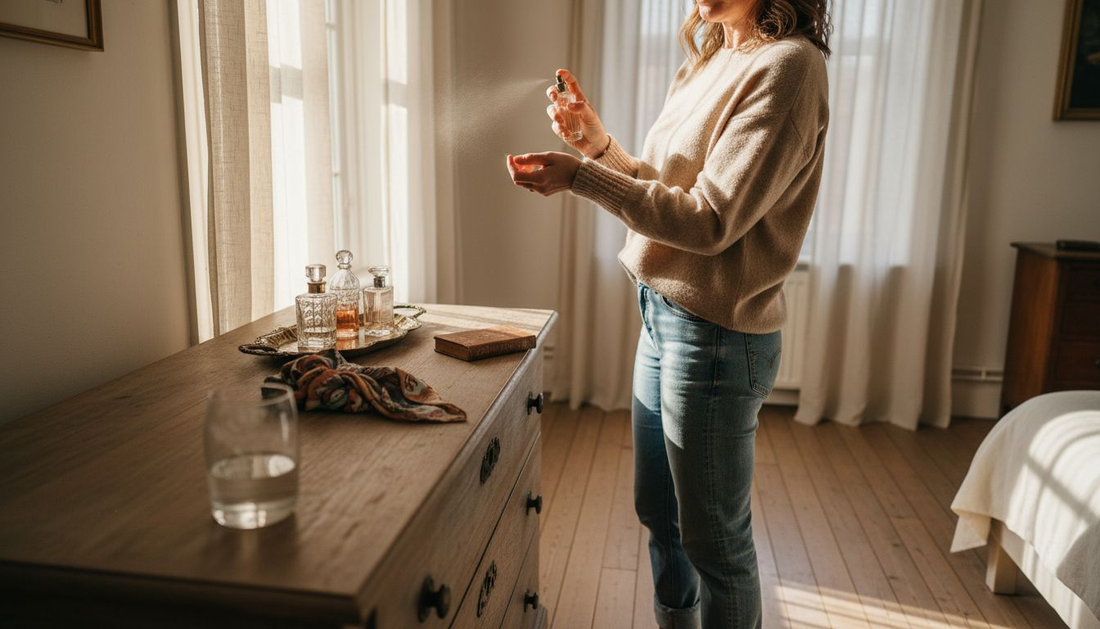 Een vrouw brengt parfum aan terwijl het ochtendlicht haar slaapkamer binnenvalt.