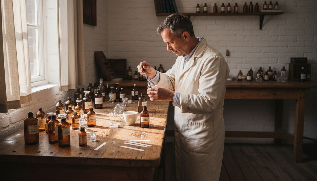 In zijn atelier stelt de parfumeur zorgvuldig zijn eigen geurcomposities samen.