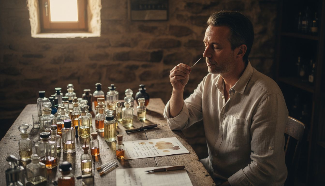 Een parfumeur beoordeelt een geurstaafje in zijn atelier.