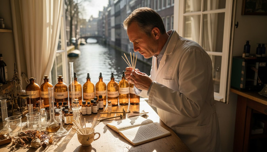 Een parfumeur verdiept zich in nieuwe geuren aan zijn werktafel in het atelier.