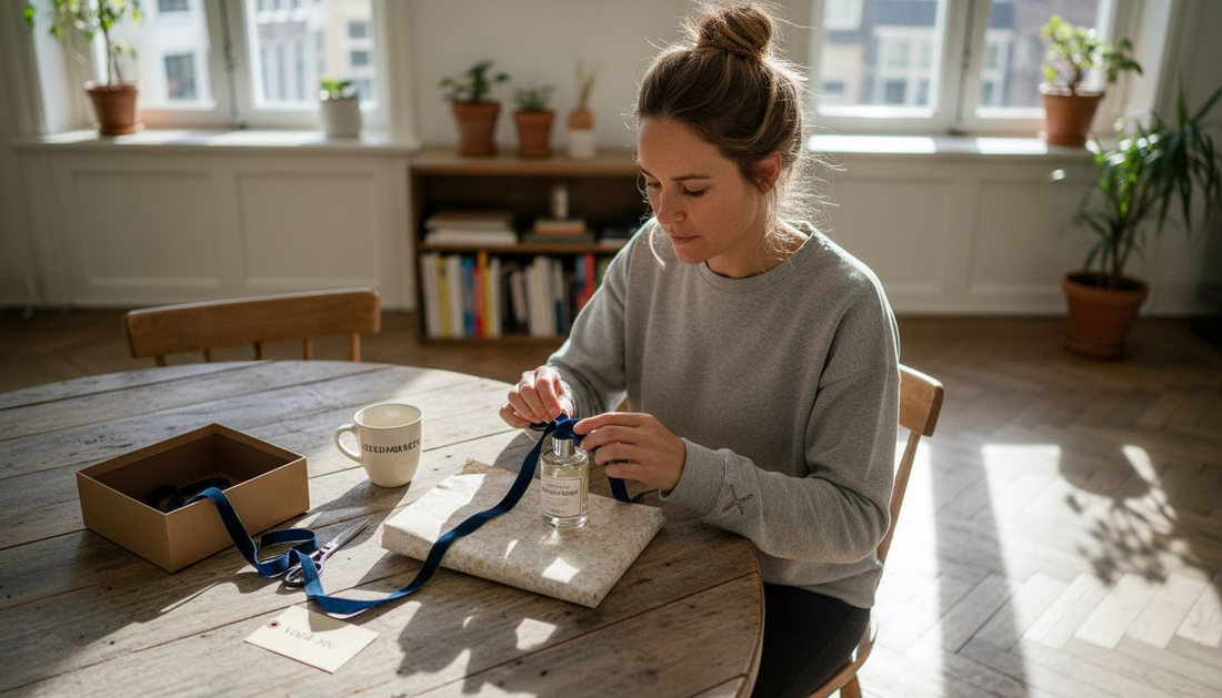 Een vrouw pakt een flesje parfum feestelijk in aan de eettafel.
