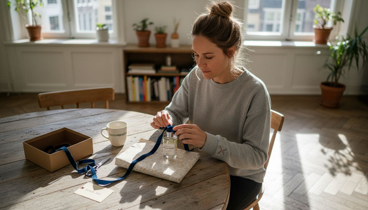 Een vrouw pakt een flesje parfum feestelijk in aan de eettafel.