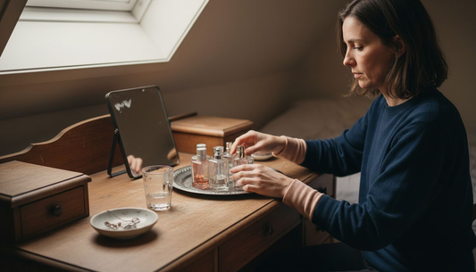 Een vrouw die haar parfumflesjes netjes rangschikt op een antiek dressoir.