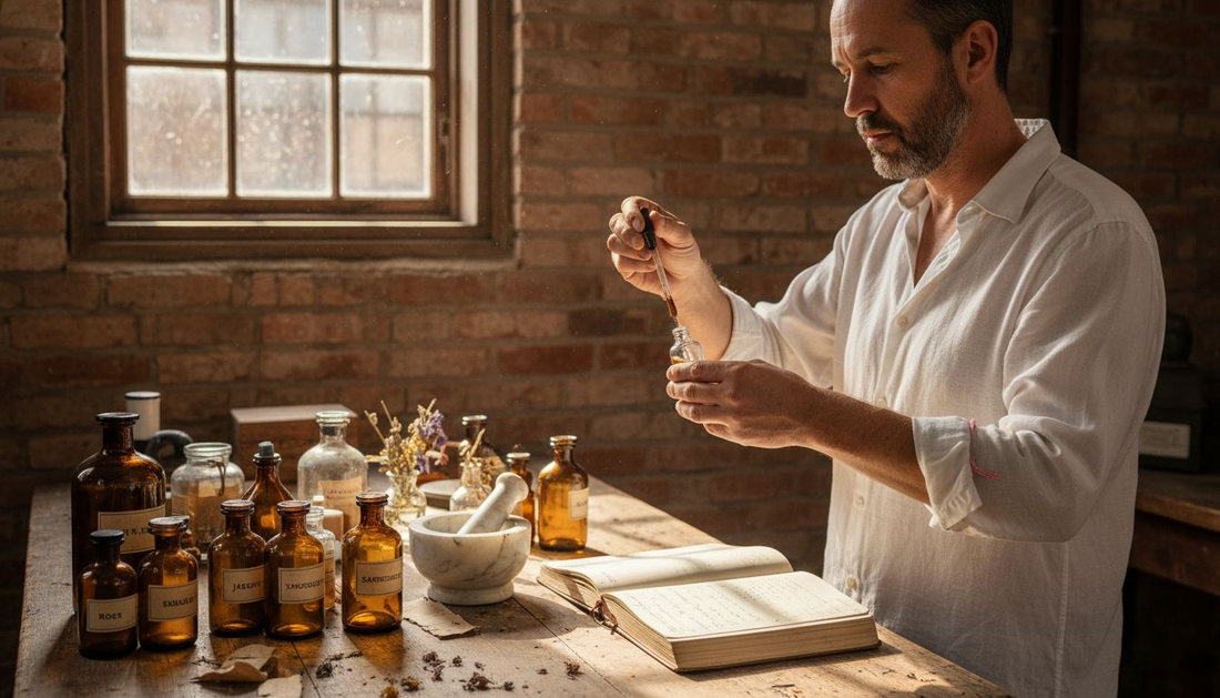 Parfumeur aan het werk in een ambachtelijk parfumatelier
