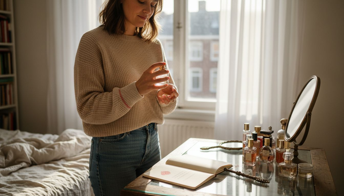 Een vrouw staat bij het raam en kiest zorgvuldig een parfum uit.