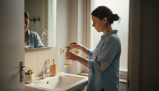 Een vrouw vult haar navulbare parfumfles bij in de badkamer.