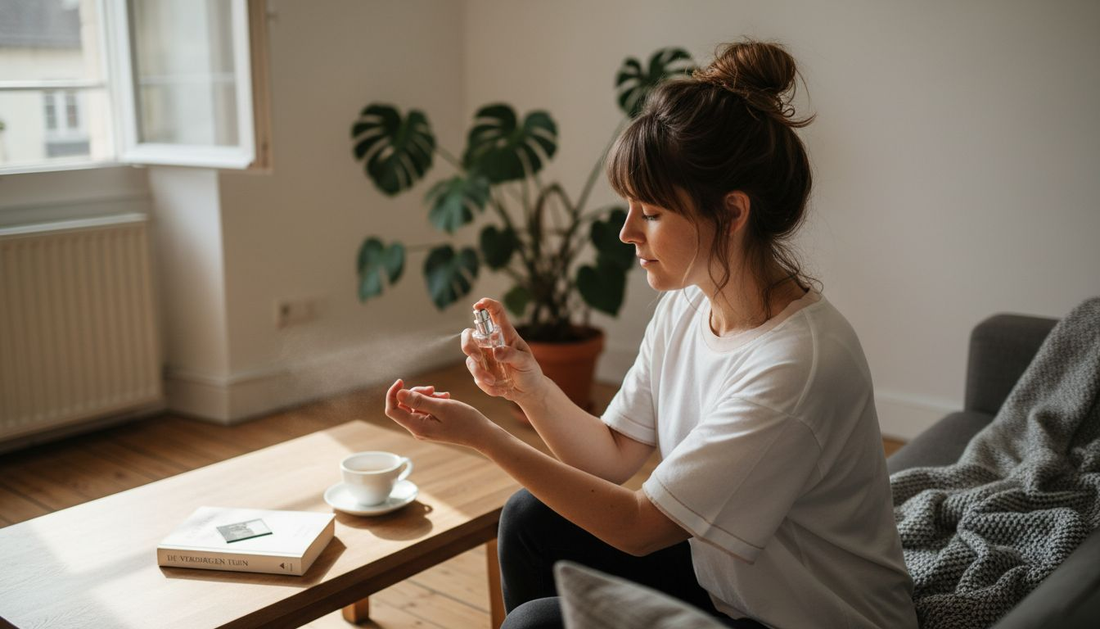 Thuis sprayt een vrouw parfum bij haar plant die bij het raam staat.