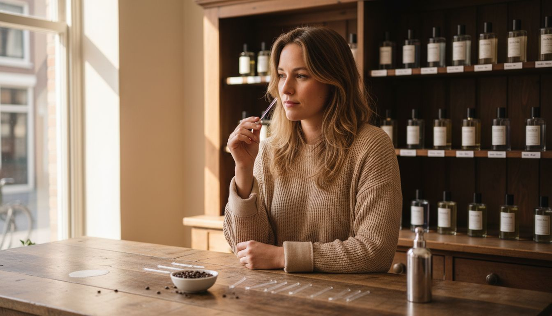 Een vrouw probeert verschillende parfums uit bij de toonbank.