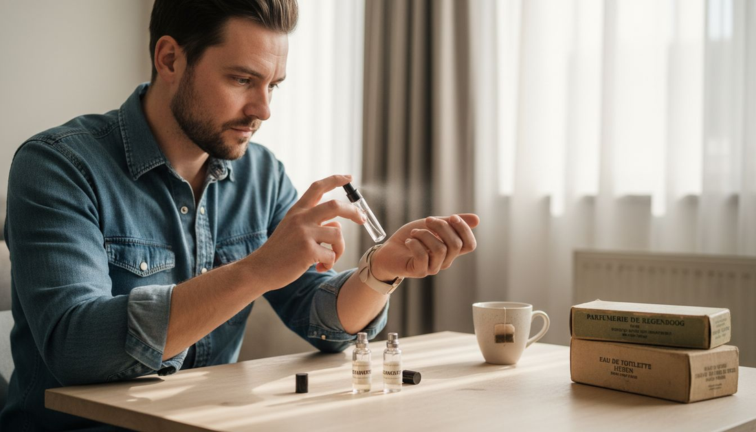 Een man probeert thuis verschillende parfumstaaltjes uit om te ontdekken welke geur het beste bij hem past.