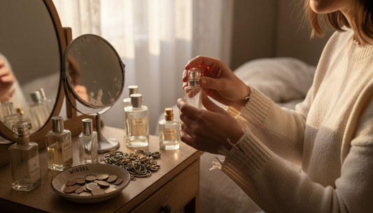 Een vrouw staat voor haar kaptafel en twijfelt tussen verschillende betaalbare parfums om de juiste geur uit te kiezen.
