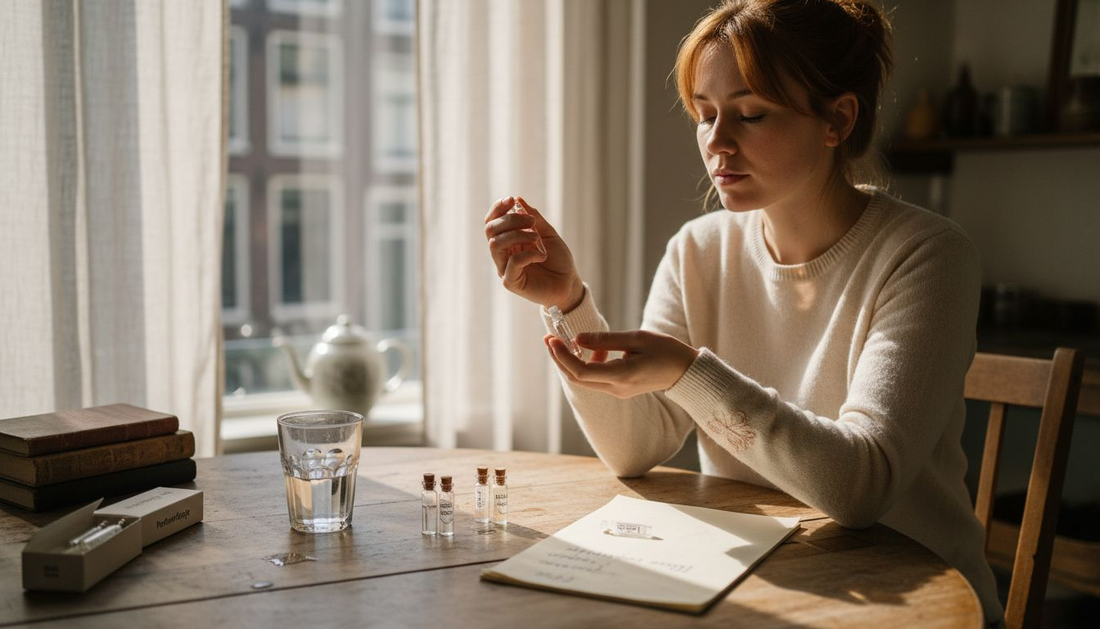 Vrouw probeert verschillende parfumstaaltjes uit aan de keukentafel